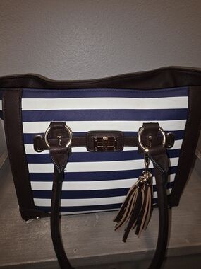 Striped Navy and White, Conceal Carry Tote with Dark Brown Trim